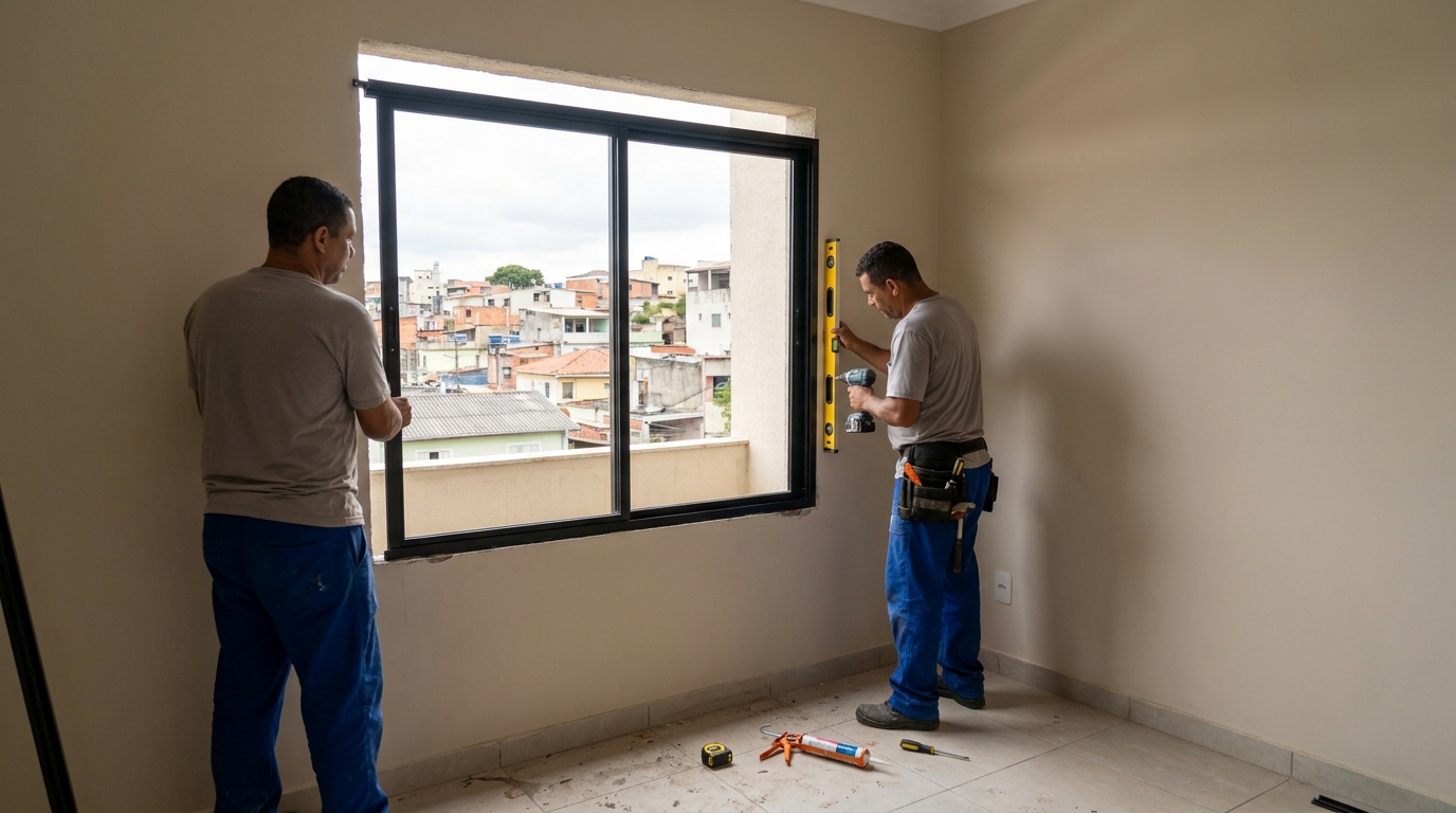 Esquadria de alumínio em quarto bege em Governador Valadares-MG