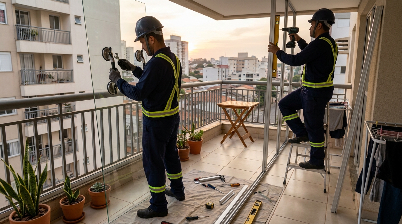 Instalação de parede de vidro em sacada em Governador Valadares-MG