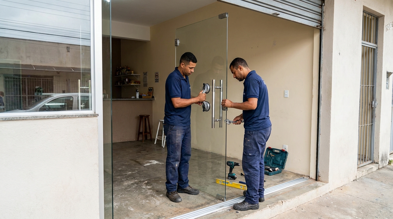 Dupla instalando porta de vidro em loja em Governador Valadares-MG